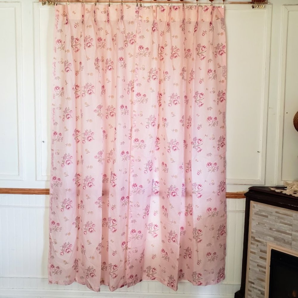 Vintage Curtain Panels 48W x 75L Pinch Pleat Sheer Pink Rose Floral Print NEW